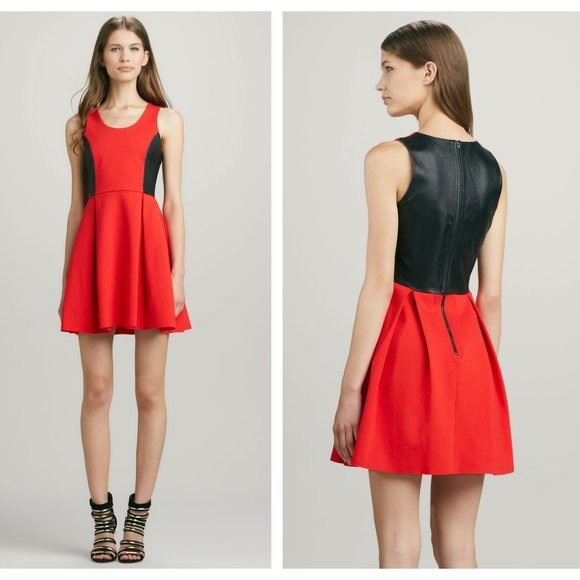 Parker Dresses & Skirts - Parker Red & Black Leather Fit & Flare Dress Sz S